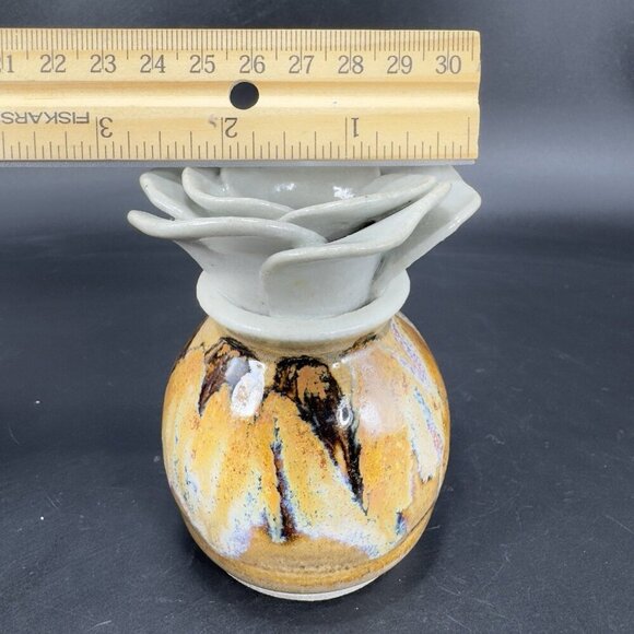Vintage Studio Pottery Flower Shaped Bud Vase Drip Glaze Stoneware Signed Judy - Picture 3 of 12